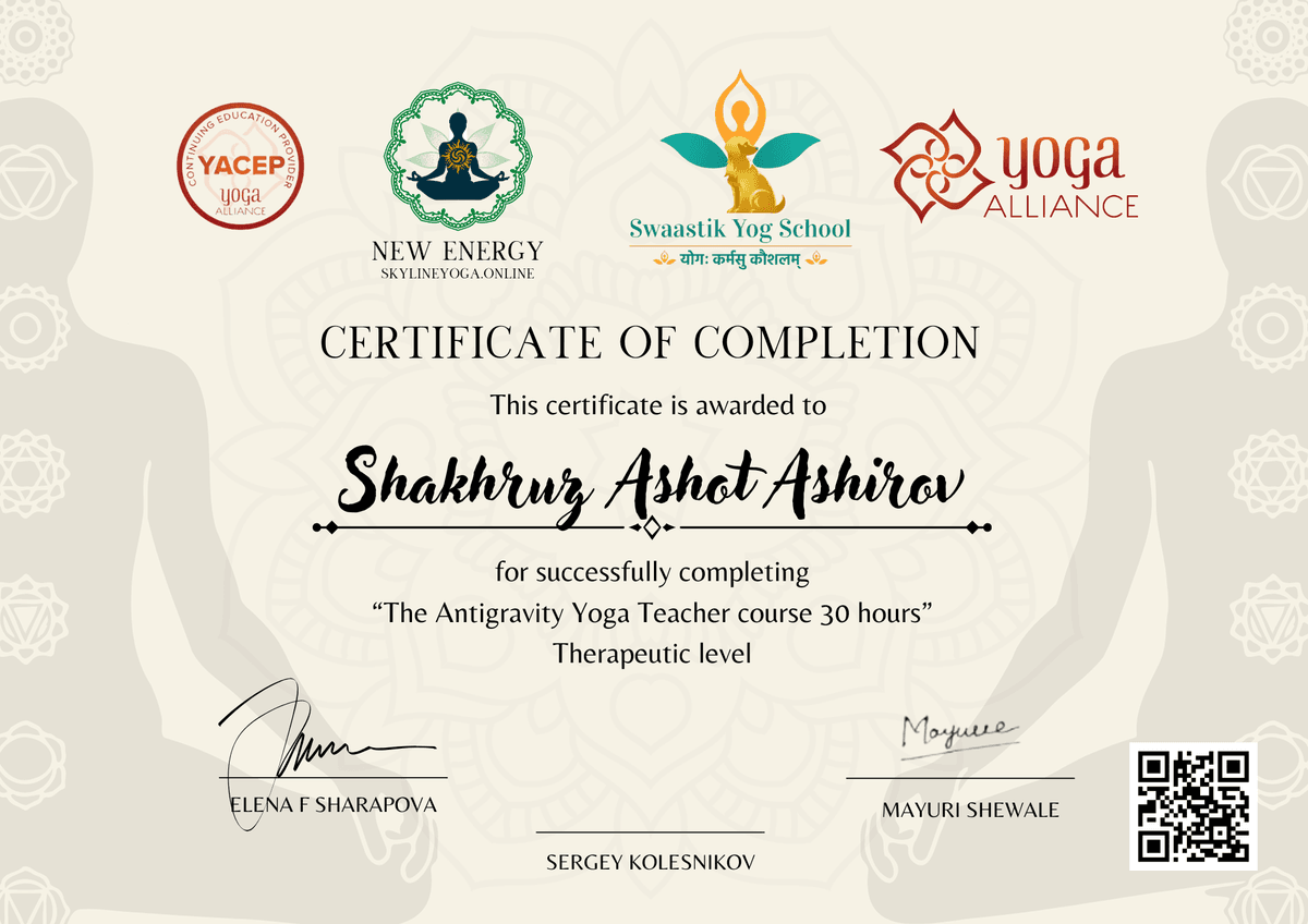 Международный сертификат преподавателя Skyline Yoga — дает право преподавания йоги в гамаке