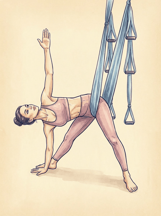 Триконасана в гамаке — поза треугольника, вытяжение боковой поверхности тела